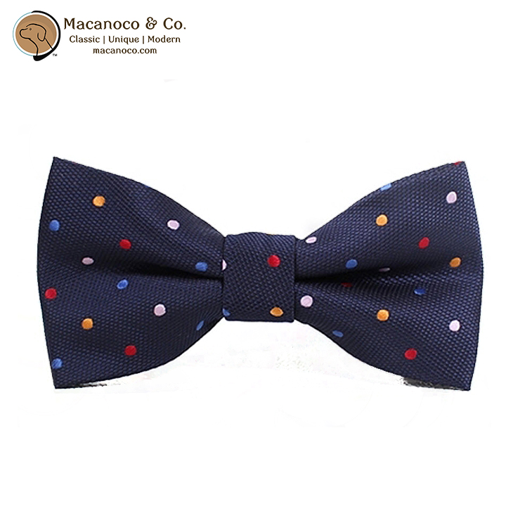 Macanoco and Co. Silk Pre-Tied Bow Tie Navy Blue Dots - Macanoco and Co.