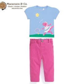 D7495BLU-D2776ORC Dinosaur Tennis Tshirt Cropped Twill Turn Up Trousers Orchid