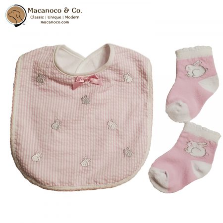 30774 Baby Essentials Bib and Socks Set, Bunny Pink Seersucker